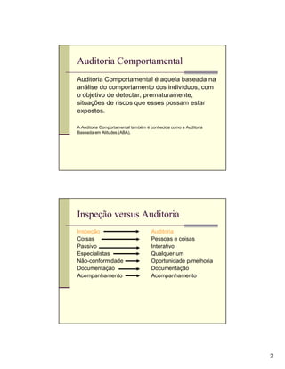 Auditoria Comportamental
Auditoria Comportamental é aquela baseada na
análise do comportamento dos indivíduos, com
o objetivo de detectar, prematuramente,
situações de riscos que esses possam estar
expostos.

A Auditoria Comportamental também é conhecida como a Auditoria
Baseada em Atitudes (ABA).




Inspeção versus Auditoria
Inspeção                            Auditoria
Coisas                              Pessoas e coisas
Passivo                             Interativo
Especialistas                       Qualquer um
Não-conformidade                    Oportunidade p/melhoria
Documentação                        Documentação
Acompanhamento                      Acompanhamento




                                                                 2
 