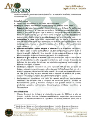 adopten con ese fin, son una excelente inversión y le generarán beneficios económicos y
socioambientales.”22

Datos Relevantes
• La amazonia de Colombia es una de las menos afectadas.
Los bosques cumplen importantes funciones ecológicas, entre las cuales están23:
• Regulación del agua: Las masas forestales retienen el agua de lluvia. Así facilitan que
    se infiltre al subsuelo y se recarguen los acuíferos. También disminuyen la erosión, al
    reducir la velocidad del agua y sujetar la tierra, y rebajan el riesgo de inundaciones,
    tanto por la retención de agua que hacen como al impedir el arrastre de sedimentos
    que aumentan el volumen de las avenidas de agua y las hacen más peligrosas.
• Influencia en el clima. En las zonas continentales, más del 50% de la humedad del
    aire está ocasionada por el agua bombeada por las raíces y transpirada por las hojas
    de la vegetación. Cuando se talan los bosques o selvas de áreas extensas, el clima se
    torna más seco.
• Absorben dióxido de carbono (CO2) de la atmósfera. En el proceso de fotosíntesis,
    los árboles (como todas las plantas) toman CO2 de la atmósfera y devuelven O2. En el
    momento actual, esta función tiene especial interés porque contribuye a frenar los
    efectos negativos del exceso de emisiones de CO2 de origen humano.
• Reservas de gran número de especies. Los bosques naturales ofrecen una multitud
    de hábitats distintos. En ellos se puede encontrar una gran variedad de especies de
    todo tipo de seres vivos. Constituyen las principales reservas de biodiversidad, en
    especial los bosques tropicales.
• Los bosques tropicales nubosos de los Andes equivalen al 5% del área que cubre los
    bosques tropicales amazónicos, estos cubren tan solo el 6% de la superficie terrestre.
    Además contienen más de la mitad de las especies de plantas y animales del mundo.
    Se cree que aún hay en esos bosques miles o millones de especies de plantas,
    insectos y microorganismos sin descubrir ni nombrar por la ciencia.
• Los bosques son importantes reservorios de especies que ofrecen oportunidades
    científicas y tecnológicas para la búsqueda de sustancias químicas, modelos de
    funcionamiento, genes y funciones ecológicas que pueden derivar en nuevos
    productos agrícolas, nutricionales, biotecnológicos, médicos, cosméticos y
    farmacéuticos.

Principios Básicos
• Al estar dentro de los límites de precipitación mayores a los 2000 mm al año, los
    bosques tropicales lluviosos de la Cuenca del Río Otún no permiten que sus suelos
    generen las mejores características y por tanto son suelos pobres no aptos para la


22
     Guía de Buenas Prácticas para Turismo Sostenible en Bosques Tropicales - Empresas de Alojamiento.
23
     Guía de Buenas Prácticas para Turismo Sostenible en Bosques Tropicales - Empresas de Alojamiento.
 