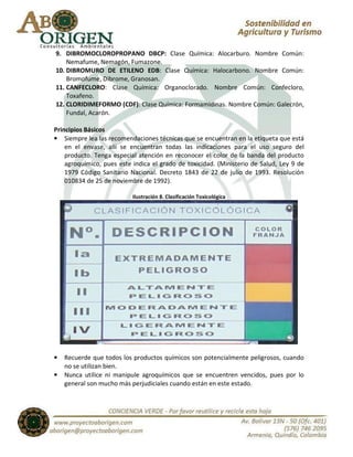 9. DIBROMOCLOROPROPANO DBCP: Clase Química: Alocarburo. Nombre Común:
    Nemafume, Nemagón, Fumazone.
10. DIBROMURO DE ETILENO EDB: Clase Química: Halocarbono. Nombre Común:
    Bromofume, Dibrome, Granosan.
11. CANFECLORO: Clase Química: Organoclorado. Nombre Común: Confecloro,
    Toxafeno.
12. CLORIDIMEFORMO (CDF): Clase Química: Formamidinas. Nombre Común: Galecrón,
    Fundal, Acarón.

Principios Básicos
• Siempre lea las recomendaciones técnicas que se encuentran en la etiqueta que está
    en el envase, allí se encuentran todas las indicaciones para el uso seguro del
    producto. Tenga especial atención en reconocer el color de la banda del producto
    agroquímico, pues este indica el grado de toxicidad. (Ministerio de Salud, Ley 9 de
    1979 Código Sanitario Nacional. Decreto 1843 de 22 de julio de 1993. Resolución
    010834 de 25 de noviembre de 1992).

                           Ilustración 8. Clasificación Toxicológica




•   Recuerde que todos los productos químicos son potencialmente peligrosos, cuando
    no se utilizan bien.
•   Nunca utilice ni manipule agroquímicos que se encuentren vencidos, pues por lo
    general son mucho más perjudiciales cuando están en este estado.
 