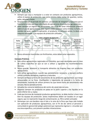 •    Siempre que vaya a manipular o a estar en contacto con productos agroquímicos,
     utilice el equipo de protección, que como mínimo debe contar de: guantes, careta,
     gafas, delantal y botas.
•    Respete siempre el periodo de carencia y el periodo de reingreso (propuestos por el
     fabricante) al lote que haya sido objeto de aplicaciones de productos agroquímicos.
•    Lleve siempre un registro de aplicaciones, con el fin de tener información primaria
     sobre el uso de agroquímicos, este registro debe contener como mínimo: la fecha, el
     nombre de quien realiza la aplicación, el producto, su principio activo, la dosis y la
     máquina empleada, y los equipos de protección utilizados.

                                 Tabla 3. Registro de Aplicación
                                          Principio                                 Equipo de
    Fecha     Nombre       Producto                        Dosis    Máquina
                                           Activo                                   Protección
    25 de                                                          Fumigadora         Utilizar
              Eduardo
    enero                  Alto 100       Clorpirifos    100 ml    de espalda #   adecuadamente
               García
    2009                                                                1            la careta



•    Nunca almacene insecticidas con fertilizantes, estos deben estar separados.

Consejos Prácticos
• Solo utilice agroquímicos registrados en Colombia, que sean destinados para la clase
   de cultivo especifico en que se van a utilizar y siguiendo las recomendaciones
   técnicas.
• Nunca guarde, almacene ni transporte alimentos de ninguna clase con productos
   agroquímicos.
• Solo utilice agroquímicos cuando sea estrictamente necesario, y siempre prefiera
   utilizar controles biológicos, orgánicos y naturales.
• Siempre verifique la fecha de vencimiento de los productos agroquímicos que tenga
   almacenados en su finca. Clasifíquelos y organícelos de acuerdo a la fecha de
   vencimiento, tratando de utilizar primero los que tienen fecha de vencimiento más
   cercana. Revise periódicamente.
• Actualice los números telefónicos del centro de salud más cercano.
• Organice siempre los productos en polvo en la parte superior y los líquidos en la
   parte inferior de su repisa.
• Cada que termine de manipular productos agroquímicos, se debe duchar y lavar muy
   bien los equipos de protección. (éstos implementos deben ser lavados en un lugar
   seguro, que no represente riesgo de contaminación, ej. filtro carbón activado)
• Demarque con una bandera roja el lote o la zona de la finca que haya sido tratada
   con aplicación de productos agroquímicos, con el fin de dar alerta al personal y
   comunidad en general del peligro potencial que representa ingresar o circundar por
   esa área específica, y así prevenir posibles intoxicaciones.
 