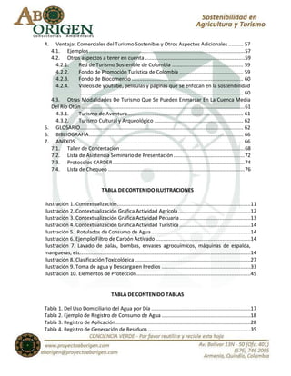 4.  Ventajas Comerciales del Turismo Sostenible y Otros Aspectos Adicionales .......... 57
  4.1. Ejemplos .........................................................................................................57
  4.2. Otros aspectos a tener en cuenta ...................................................................59
    4.2.1.   Red de Turismo Sostenible de Colombia ................................................ 59
    4.2.2.   Fondo de Promoción Turística de Colombia ........................................... 59
    4.2.3.   Fondo de Biocomercio ........................................................................... 60
    4.2.4.   Videos de youtube, películas y páginas que se enfocan en la sostenibilidad
              .............................................................................................................. 60
  4.3. Otras Modalidades De Turismo Que Se Pueden Enmarcar En La Cuenca Media
  Del Río Otún ..............................................................................................................61
    4.3.1.   Turismo de Aventura.............................................................................. 61
    4.3.2.   Turismo Cultural y Arqueológico ............................................................ 62
5. GLOSARIO.............................................................................................................. 62
6. BIBLIOGRAFÍA........................................................................................................ 66
7. ANEXOS ................................................................................................................. 66
  7.1. Taller de Concertación ....................................................................................68
  7.2. Lista de Asistencia Seminario de Presentación ................................................72
  7.3. Protocolos CARDER.........................................................................................74
  7.4. Lista de Chequeo ............................................................................................76


                                   TABLA DE CONTENIDO ILUSTRACIONES

Ilustración 1. Contextualización..........................................................................................11
Ilustración 2. Contextualización Gráfica Actividad Agrícola.................................................12
Ilustración 3. Contextualización Gráfica Actividad Pecuaria ................................................13
Ilustración 4. Contextualización Gráfica Actividad Turística ................................................14
Ilustración 5. Rotulados de Consumo de Agua ...................................................................14
Ilustración 6. Ejemplo Filtro de Carbón Activado ................................................................14
Ilustración 7. Lavado de palas, bombas, envases agroquímicos, máquinas de espalda,
mangueras, etc...................................................................................................................14
Ilustración 8. Clasificación Toxicológica ..............................................................................27
Ilustración 9. Toma de agua y Descarga en Predios ............................................................33
Ilustración 10. Elementos de Protección.............................................................................45


                                         TABLA DE CONTENIDO TABLAS

Tabla 1. Del Uso Domiciliario del Agua por Día ...................................................................17
Tabla 2. Ejemplo de Registro de Consumo de Agua ............................................................18
Tabla 3. Registro de Aplicación...........................................................................................28
Tabla 4. Registro de Generación de Residuos .....................................................................35
 