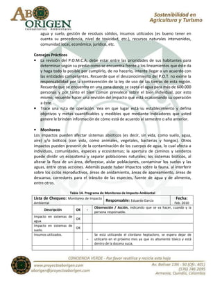 agua y suelo, gestión de residuos sólidos, insumos utilizados (es bueno tener en
    cuenta su procedencia, nivel de toxicidad, etc.), recursos naturales intervenidos,
    comunidad local, económico, jurídico, etc.

Consejos Prácticos
• La revisión del P.O.M.C.A, debe estar entre las prioridades de sus habitantes para
   determinar según su predio como se encuentra frente a los lineamientos que éste da
   y haga todo lo posible por cumplirlo, de no hacerlo, intente llegar a un acuerdo con
   las entidades competentes. Recuerde que el desconocimiento del P.O.T. no exime la
   responsabilidad por la contravención de la ley de uso de las tierras de esta región.
   Recuerde que se encuentra en una zona donde se capta el agua para más de 600.000
   personas y por tanto el bien común prevalece sobre el bien individual, por esto
   mismo, recuerde hacer una revisión del impacto que está ocasionando su operación
   a éste.
• Trace una ruta de operación. Vea en que lugar está su establecimiento y defina
   objetivos y metas cuantificables y medibles que mediante indicadores que usted
   genere le brinden información de cómo está de acuerdo al semestre o año anterior.

• Monitoreo
Los impactos pueden afectar sistemas abióticos (es decir, sin vida, como suelo, agua,
aire) y/o bióticos (con vida, como animales, vegetales, bacterias y hongos). Otros
impactos pueden provenir de la contaminación de los cuerpos de agua, lo cual afecta a
individuos, comunidades, especies y ecosistemas; la apertura de caminos y senderos
puede dividir un ecosistema y separar poblaciones naturales; los sistemas bióticos, al
alterar la flora de un área, deforestar, aislar poblaciones, contaminar los suelos y las
aguas, entre otras acciones. Además puede haber impactos sobre la fauna, al interferir
sobre los ciclos reproductivos, áreas de anidamiento, áreas de apareamiento, áreas de
descanso, corredores para el tránsito de las especies, fuente de agua y de alimento,
entre otros.

                     Tabla 14. Programa de Monitoreo de Impacto Ambiental
Lista de Chequeo: Monitoreo de Impacto Responsable: Eduardo García                       Fecha:
Ambiental                                                                               Feb. 2010
                                     Observación / Acción, indicando que se va hacer, cuando y la
       Descripción       OK     -
                                     persona responsable.
Impacto en sistemas de
                         OK
agua.
Impacto en sistemas de
                         OK
suelo.
Insumos utilizados.                  Se está utilizando el clordano heptacloro, se espera dejar de
                                -    utilizarlo en el próximo mes ya que es altamente tóxico y está
                                     dentro de la docena sucia.
 