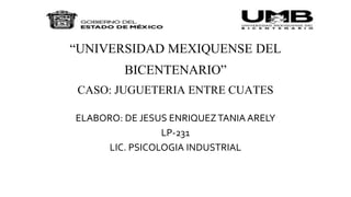 “UNIVERSIDAD MEXIQUENSE DEL
BICENTENARIO”
CASO: JUGUETERIA ENTRE CUATES
ELABORO: DE JESUS ENRIQUEZTANIA ARELY
LP-231
LIC. PSICOLOGIA INDUSTRIAL
 
