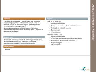 ANÁLISE E DESENHO DE PROCESSOS
OBJETIVO                                                             EMENTA
O Módulo II do Programa de Capacitação em BPM apresenta              ANÁLISE DE PROCESSO
mecanismos para análise e entendimento comum acerca da                 1. Conceitos relacionados
realidade atual de um processo e do grau que este processo
atende aos objetivos da organização.                                   2. Planejamento e preparação da análise de processo
Apresenta, ainda, aspectos relevantes para a criação ou o              3. Realização da análise de processo
redesenho de um processo, a fim de alcançar metas e objetivos de       4. Documentação
desempenho de negócio.
                                                                       5. Influenciadores
                                                                     DESENHO DE PROCESSO
                                                                       1. Conceitos relacionados
 PUBLICO ALVO
                                                                       2. Organização dos trabalhos de desenho de processo
 Analistas de processos, analistas de sistemas, gerentes de áreas,
                                                                       3. Fundamentos de desenho de processos
 profissionais envolvidos com governança corporativa,
 planejamento estratégico e gestão de desempenho                       4. Regras de Negócio
                                                                       5. Influenciadores
 CARGA HORÁRIA

  16 horas
 