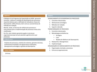 GERENCIAMENTO, TRANSFORMAÇÃO E ORGANIZAÇÃO DE PROCESSOS
OBJETIVO                                                             EMENTA

O Módulo III do Programa de Capacitação em BPM apresenta             GERENCIAMENTO DE DESEMPENHO DE PROCESSOS
conceitos relativos à medição do desempenho de processos,              1. Conceitos relacionados
requisitos básicos para a definição de indicadores-chaves de           2. Alinhamento estratégico
desempenho (KPIs) eficazes, bem como as características de
métodos de medição.                                                    3. Métodos de medição
Aborda, ainda, as técnicas de melhoria de processos e                  4. Suporte à decisão
instrumentos para a implementação de processos novos e/ou            TRANSFORMAÇÃO DE PROCESSOS
modificados.                                                           1. Conceitos relacionados
Por fim, este módulo apresenta papéis e estruturas                     2. Metodologias de Melhorias
organizacionais que tornam possível a gerência de e por                      • Six Sigma
processos.                                                                   • Lean
 PUBLICO ALVO                                                                • Modelo de Melhoria de Desempenho
                                                                       3. Redesenho e Reengenharia
 Analistas de processos, analistas de sistemas, gerentes de áreas,
 profissionais envolvidos com governança corporativa,                  4. Implementação
 planejamento estratégico e gestão de desempenho                     ORGANIZAÇÃO DE GERENCIAMENTO DE PROCESSOS
                                                                       1. Organização orientada a processos
 CARGA HORÁRIA                                                         2. Estruturas organizacionais

  16 horas
 