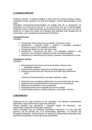 3. LLENGUA ANGLESA


Pretenem introduir la llengua anglesa al cicle inicial de manera atractiva, lúdica i
motivadora donant prioritat a l’ús oral de la llengua i iniciant l’aprenentatge a nivell
escrit.
Plantegem l’ensenyament-aprenentatge de l’anglès des de la perspectiva de
l’adquisició d’un instrument, tant per a la comunicació com per a l’aprenentatge.
D’aquesta manera, partim del principi que la llengua s’aprèn quan s’usa i, per tant, la
classe és un espai d’ús creatiu de la llengua amb activitats molt variades per tal
d’aconseguir una competència comunicativa molt bàsica.

Competència oral:
Treballem:

          Comprensió de les instruccions de treball i d’actuació a l’aula.
          Comprensió i resposta verbal o gestual a missatges quotidians
          d’intercanvi social i d’ús habitual a la classe.
          Comprensió global d’un text amb ajut visual.
          Identificació i reproducció del lèxic i de missatges referents a ells
          mateixos, a les situacions habituals a l’aula i als temes treballats.
          Reproducció i memorització de cançons, poemes i dramatitzacions curtes.

Competència escrita:
Treballem:

          Reconeixement de la forma escrita de paraules i frases curtes
              treballades oralment.
          Escriptura de paraules i expressions senzilles seguint un model.
          Interès per la lectura de les instruccions de treball i dels referents de
              l’aula.

          També se li donarà prioritat a una sèrie d’actituds i valors:

          Interès per usar una llengua diferent per a la comunicació dins de l’aula.
          Superació de la possible inhibició inicial davant una nova llengua.
          Esforç per comprendre i fer-se comprendre.
          Participació activa en les activitats que es fan a classe.
          Actitud oberta respecte a d’altres persones, comunitats i cultures.


4. MATEMÀTICA


Pretenem que es vagin introduint en els conceptes i les relacions matemàtiques
elementals i vagin dominant les operacions bàsiques.
També pretenem que representin i interpretin l’espai, les situacions, i les
experiències mitjançant el llenguatge matemàtic.
Volem aconseguir que els continguts matemàtics s’aproximin a la vida real dels
alumnes, per tal d’arribar així a un aprenentatge significatiu i no mecànic del
llenguatge matemàtic. També intentem no acotar els coneixements matemàtics dels
alumnes sinó potenciar al màxim les seves possibilitats.
                                                                                      3
 