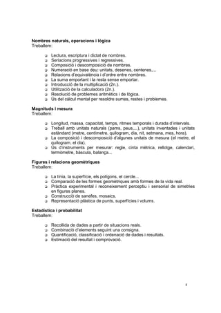Nombres naturals, operacions i lògica
Treballem:

          Lectura, escriptura i dictat de nombres.
          Seriacions progressives i regressives.
          Composició i descomposició de nombres.
          Numeració en base deu: unitats, desenes, centenes,...
          Relacions d’equivalència i d’ordre entre nombres.
          La suma emportant i la resta sense emportar.
          Introducció de la multiplicació (2n.).
          Utilització de la calculadora (2n.).
          Resolució de problemes aritmètics i de lògica.
          Ús del càlcul mental per resoldre sumes, restes i problemes.

Magnituds i mesura
Treballem:

          Longitud, massa, capacitat, temps, ritmes temporals i durada d’intervals.
          Treball amb unitats naturals (pams, peus,...), unitats inventades i unitats
          estàndard (metre, centímetre, quilogram, dia, nit, setmana, mes, hora).
          La composició i descomposició d’algunes unitats de mesura (el metre, el
          quilogram, el dia).
          Ús d’instruments per mesurar: regle, cinta mètrica, rellotge, calendari,
          termòmetre, bàscula, balança...

Figures i relacions geomètriques
Treballem:

          La línia, la superfície, els polígons, el cercle...
          Comparació de les formes geomètriques amb formes de la vida real.
          Pràctica experimental i reconeixement perceptiu i sensorial de simetries
          en figures planes.
          Construcció de sanefes, mosaics.
          Representació plàstica de punts, superfícies i volums.

Estadística i probabilitat
Treballem:

          Recollida de dades a partir de situacions reals.
          Combinació d’elements seguint una consigna.
          Quantificació, classificació i ordenació de dades i resultats.
          Estimació del resultat i comprovació.




                                                                                4
 