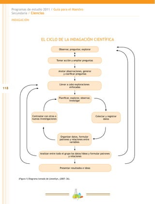118
Programas de estudio 2011 / Guía para el Maestro
Secundaria / Ciencias
EL CICLO DE LA INDAGACIÓN CIENTÍFICA
Observar, preguntar, explorar
Tomar acción y ampliar preguntas
Anotar observaciones, generar
y clarificar preguntas
Llevar a cabo exploraciones
enfocadas
Planificar, explorar, observar,
investigar
Contrastar con otras o
nuevas investigaciones
Colectar y registrar
datos
Organizar datos, formular
patrones y relaciones entre
variables
Analizar entre todo el grupo los datos/ideas y formular patrones
y relaciones
Presentar resultados e ideas
(Figura 1) Diagrama tomado de Llewellyn, (2007: 26).
INDAGACIÓN
 