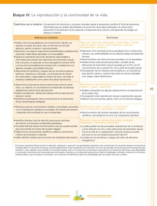 45
Bloque IV. La reproducción y la continuidad de la vida
Competencias que se favorecen:	Comprensión de fenómenos y procesos naturales desde la perspectiva científica • Toma de decisiones
informadas para el cuidado del ambiente y la promoción de la salud orientadas a la cultura de la
prevención • Comprensión de los alcances y limitaciones de la ciencia y del desarrollo tecnológico en
diversos contextos
Aprendizajes esperados Contenidos
•	Explica cómo la sexualidad es una construcción cultural y se
expresa a lo largo de toda la vida, en términos de vínculos
afectivos, género, erotismo y reproductividad.
•	Discrimina, con base en argumentos fundamentados científicamente,
creencias e ideas falsas asociadas con la sexualidad.
•	Explica la importancia de tomar decisiones responsables e
informadas para prevenir las infecciones de transmisión sexual
más comunes; en particular, el virus del papiloma humano (vph)
y el virus de inmunodeficiencia humana (vih), considerando sus
agentes causales y principales síntomas.
•	Argumenta los beneficios y riesgos del uso de anticonceptivos
químicos, mecánicos y naturales, y la importancia de decidir
de manera libre y responsable el número de hijos y de evitar el
embarazo adolescente como parte de la salud reproductiva.
Hacia una sexualidad responsable, satisfactoria y segura,
libre de miedos, culpas, falsas creencias, coerción,
discriminación y violencia
•	Valoración de la importancia de la sexualidad como construcción
cultural y sus potencialidades en las distintas etapas del desarrollo
humano.
•	Reconocimiento de mitos comunes asociados con la sexualidad.
•	Análisis de las implicaciones personales y sociales de las
infecciones de transmisión sexual causadas por el vph y el vih,
y la importancia de su prevención como parte de la salud sexual.
•	Comparación de los métodos anticonceptivos y su importancia
para decidir cuándo y cuántos hijos tener de manera saludable
y sin riesgos: salud reproductiva.
•	Argumenta la importancia de las interacciones entre los seres
vivos y su relación con el ambiente en el desarrollo de diversas
adaptaciones acerca de la reproducción.
•	Explica semejanzas y diferencias básicas entre la reproducción
asexual y sexual.
•	Identifica la participación de los cromosomas en la transmisión
de las características biológicas.
Biodiversidad como resultado de la evolución: relación
ambiente, cambio y adaptación.
•	Análisis comparativo de algunas adaptaciones en la reproducción
de los seres vivos.
•	Comparación entre reproducción sexual y reproducción asexual.
•	Relación de cromosomas, genes y adn con la herencia biológica.
•	Reconoce que los conocimientos científico y tecnológico asociados
con la manipulación genética se actualizan de manera permanente
y dependen de la sociedad en que se desarrollan.
Interacciones entre la ciencia y la tecnología
en la satisfacción de necesidades e intereses
•	Reconocimiento del carácter inacabado de los conocimientos
científicos y tecnológicos en torno a la manipulación genética.
•	Identifica diversas rutas de atención para buscar opciones
de solución a la situación problemática planteada.
•	Consulta distintas fuentes de información a las que puede acceder
para documentar los temas del proyecto elegido.
•	Determina los componentes científicos, políticos, económicos
o éticos de la situación a abordar.
•	Utiliza distintos medios para comunicar los resultados del proyecto.
Proyecto: hacia la construcción de una ciudadanía
responsable y participativa (opciones)*
•	¿Cuáles podrían ser las principales implicaciones de un embarazo
o de la infección por vih y otras infecciones de transmisión sexual
(its) en la vida de un adolescente? ¿De qué manera se puede
promover en la comunidad la prevención del vih?
•	¿Cuáles son los beneficios y riesgos del cultivo de alimentos
transgénicos?
*	 El proyecto estudiantil deberá permitir el desarrollo, integración y aplicación de aprendizajes esperados y de competencias. Es necesario destacar la importancia
de desarrollarlo en cada cierre de bloque; para ello debe partirse de las inquietudes de los alumnos, con el fin de que elijan una de las opciones de preguntas para
orientarlo o, bien, planteen otras. También es importante realizar, junto con los alumnos, la planeación del proyecto en el transcurso del bloque, para desarrollarlo
y comunicarlo durante las dos últimas semanas del bimestre. Asimismo, es fundamental aprovechar la tabla de habilidades, actitudes y valores de la formación
científica básica, que se localiza en el Enfoque, con la intención de identificar la gama de posibilidades que se pueden promover y evaluar.
 
