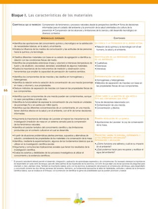 66
Bloque I. Las características de los materiales
Competencias que se favorecen:	Comprensión de fenómenos y procesos naturales desde la perspectiva científica • Toma de decisiones
informadas para el cuidado del ambiente y la promoción de la salud orientadas a la cultura de la
prevención • Comprensión de los alcances y limitaciones de la ciencia y del desarrollo tecnológico en
diversos contextos
Aprendizajes esperados Contenidos
•	Identifica las aportaciones del conocimiento químico y tecnológico en la satisfacción
de necesidades básicas, en la salud y el ambiente.
•	Analiza la influencia de los medios de comunicación y las actitudes de las personas
hacia la química y la tecnología.
La ciencia y la tecnología en el mundo actual
•	Relación de la química y la tecnología con el ser
humano, la salud y el ambiente.
•	Clasifica diferentes materiales con base en su estado de agregación e identifica su
relación con las condiciones físicas del medio.
•	Identifica las propiedades extensivas (masa y volumen) e intensivas (temperatura de
fusión y de ebullición, viscosidad, densidad, solubilidad) de algunos materiales.
•	Explica la importancia de los instrumentos de medición y observación como
herramientas que amplían la capacidad de percepción de nuestros sentidos.
Identificación de las propiedades físicas
de los materiales:
•	Cualitativas
•	Extensivas
•	Intensivas
•	Identifica los componentes de las mezclas y las clasifica en homogéneas y
heterogéneas.
•	Identifica la relación entre la variación de la concentración de una mezcla (porcentaje
en masa y volumen) y sus propiedades.
•	Deduce métodos de separación de mezclas con base en las propiedades físicas de
sus componentes.
Experimentación con mezclas
•	Homogéneas y heterogéneas.
•	Métodos de separación de mezclas con base en
las propiedades físicas de sus componentes.
•	Identifica que los componentes de una mezcla pueden ser contaminantes, aunque
no sean perceptibles a simple vista.
•	Identifica la funcionalidad de expresar la concentración de una mezcla en unidades
de porcentaje (%) o en partes por millón (ppm).
•	Identifica que las diferentes concentraciones de un contaminante, en una mezcla,
tienen distintos efectos en la salud y en el ambiente, con el fin de tomar decisiones
informadas.
¿Cómo saber si la muestra de una mezcla
está más contaminada que otra?
Toma de decisiones relacionada con:
•	Contaminación de una mezcla.
•	Concentración y efectos.
•	Argumenta la importancia del trabajo de Lavoisier al mejorar los mecanismos de
investigación (medición de masa en un sistema cerrado) para la comprensión
de los fenómenos naturales.
•	Identifica el carácter tentativo del conocimiento científico y las limitaciones
producidas por el contexto cultural en el cual se desarrolla.
Primera revolución de la química
•	Aportaciones de Lavoisier: la Ley de conservación
de la masa.
•	A partir de situaciones problemáticas plantea premisas, supuestos y alternativas de
solución, considerando las propiedades de los materiales o la conservación de la masa.
•	Identifica, mediante la experimentación, algunos de los fundamentos básicos que se
utilizan en la investigación científica escolar.
•	Argumenta y comunica las implicaciones sociales que tienen los resultados de la
investigación científica.
•	Evalúa los aciertos y debilidades de los procesos investigativos al utilizar el
conocimiento y la evidencia científicos.
Proyectos: ahora tú explora, experimenta y
actúa (preguntas opcionales)*
Integración y aplicación
•	¿Cómo funciona una salinera y cuál es su impacto
en el ambiente?
•	¿Qué podemos hacer para recuperar y reutilizar el
agua del ambiente?
*	 El proyecto estudiantil deberá permitir el desarrollo, integración y aplicación de aprendizajes esperados y de competencias. Es necesario destacar la importancia
de desarrollarlo en cada cierre de bloque; para ello debe partirse de las inquietudes de los alumnos, con el fin de que elijan una de las opciones de preguntas para
orientarlo o, bien, planteen otras. También es importante realizar, junto con los alumnos, la planeación del proyecto en el transcurso del bloque, para desarrollarlo
y comunicarlo durante las dos últimas semanas del bimestre. Asimismo, es fundamental aprovechar la tabla de habilidades, actitudes y valores de la formación
científica básica, que se localiza en el Enfoque, con la intención de identificar la gama de posibilidades que se pueden promover y evaluar.
 