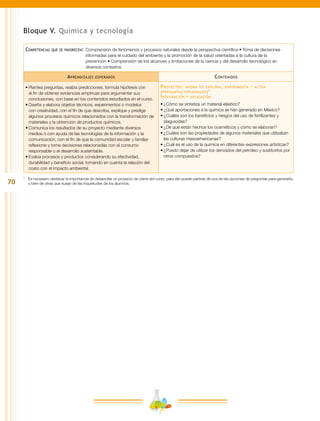 70
Bloque V. Química y tecnología
Competencias que se favorecen:	Comprensión de fenómenos y procesos naturales desde la perspectiva científica • Toma de decisiones
informadas para el cuidado del ambiente y la promoción de la salud orientadas a la cultura de la
prevención • Comprensión de los alcances y limitaciones de la ciencia y del desarrollo tecnológico en
diversos contextos
Aprendizajes esperados Contenidos
•	Plantea preguntas, realiza predicciones, formula hipótesis con
el fin de obtener evidencias empíricas para argumentar sus
conclusiones, con base en los contenidos estudiados en el curso.
•	Diseña y elabora objetos técnicos, experimentos o modelos
con creatividad, con el fin de que describa, explique y prediga
algunos procesos químicos relacionados con la transformación de
materiales y la obtención de productos químicos.
•	Comunica los resultados de su proyecto mediante diversos
medios o con ayuda de las tecnologías de la información y la
comunicación, con el fin de que la comunidad escolar y familiar
reflexione y tome decisiones relacionadas con el consumo
responsable o el desarrollo sustentable.
•	Evalúa procesos y productos considerando su efectividad,
durabilidad y beneficio social, tomando en cuenta la relación del
costo con el impacto ambiental.
Proyectos: ahora tú explora, experimenta y actúa
(preguntas opcionales)*
Integración y aplicación
•	¿Cómo se sintetiza un material elástico?
•	¿Qué aportaciones a la química se han generado en México?
•	¿Cuáles son los beneficios y riesgos del uso de fertilizantes y
plaguicidas?
•	¿De qué están hechos los cosméticos y cómo se elaboran?
•	¿Cuáles son las propiedades de algunos materiales que utilizaban
las culturas mesoamericanas?
•	¿Cuál es el uso de la química en diferentes expresiones artísticas?
•	¿Puedo dejar de utilizar los derivados del petróleo y sustituirlos por
otros compuestos?
*	 Es necesario destacar la importancia de desarrollar un proyecto de cierre del curso, para ello puede partirse de una de las opciones de preguntas para generarlo,
o bien de otras que surjan de las inquietudes de los alumnos.
 