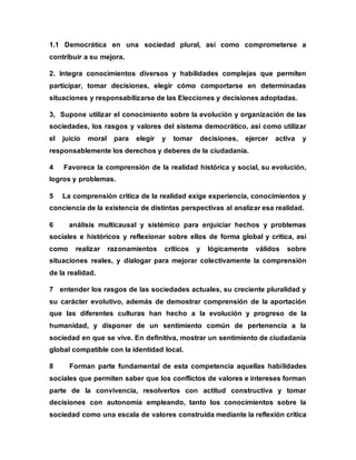 1.1 Democrática en una sociedad plural, así como comprometerse a
contribuir a su mejora.
2. Integra conocimientos diversos y habilidades complejas que permiten
participar, tomar decisiones, elegir cómo comportarse en determinadas
situaciones y responsabilizarse de las Elecciones y decisiones adoptadas.
3, Supone utilizar el conocimiento sobre la evolución y organización de las
sociedades, los rasgos y valores del sistema democrático, así como utilizar
el juicio moral para elegir y tomar decisiones, ejercer activa y
responsablemente los derechos y deberes de la ciudadanía.
4 Favorece la comprensión de la realidad histórica y social, su evolución,
logros y problemas.
5 La comprensión crítica de la realidad exige experiencia, conocimientos y
conciencia de la existencia de distintas perspectivas al analizar esa realidad.
6 análisis multicausal y sistémico para enjuiciar hechos y problemas
sociales e históricos y reflexionar sobre ellos de forma global y crítica, así
como realizar razonamientos críticos y lógicamente válidos sobre
situaciones reales, y dialogar para mejorar colectivamente la comprensión
de la realidad.
7 entender los rasgos de las sociedades actuales, su creciente pluralidad y
su carácter evolutivo, además de demostrar comprensión de la aportación
que las diferentes culturas han hecho a la evolución y progreso de la
humanidad, y disponer de un sentimiento común de pertenencia a la
sociedad en que se vive. En definitiva, mostrar un sentimiento de ciudadanía
global compatible con la identidad local.
8 Forman parte fundamental de esta competencia aquellas habilidades
sociales que permiten saber que los conflictos de valores e intereses forman
parte de la convivencia, resolverlos con actitud constructiva y tomar
decisiones con autonomía empleando, tanto los conocimientos sobre la
sociedad como una escala de valores construida mediante la reflexión crítica
 