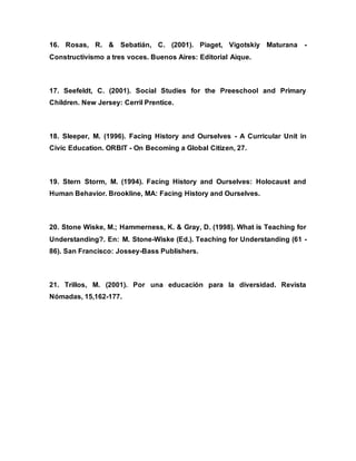 16. Rosas, R. & Sebatián, C. (2001). Piaget, Vigotskiy Maturana -
Constructivismo a tres voces. Buenos Aires: Editorial Aique.
17. Seefeldt, C. (2001). Social Studies for the Preeschool and Primary
Children. New Jersey: Cerril Prentice.
18. Sleeper, M. (1996). Facing History and Ourselves - A Curricular Unit in
Civic Education. ORBIT - On Becoming a Global Citizen, 27.
19. Stern Storm, M. (1994). Facing History and Ourselves: Holocaust and
Human Behavior. Brookline, MA: Facing History and Ourselves.
20. Stone Wiske, M.; Hammerness, K. & Gray, D. (1998). What is Teaching for
Understanding?. En: M. Stone-Wiske (Ed.). Teaching for Understanding (61 -
86). San Francisco: Jossey-Bass Publishers.
21. Trillos, M. (2001). Por una educación para la diversidad. Revista
Nómadas, 15,162-177.
 