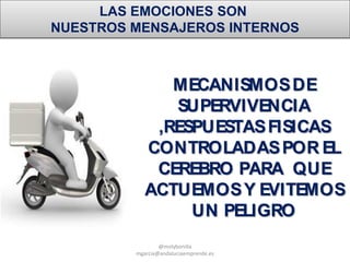 LAS EMOCIONES SON
NUESTROS MENSAJEROS INTERNOS
MECANISMOSDE
SUPERVIVENCIA
,RESPUESTASFISICAS
CONTROLADASPOR EL
CEREBRO PARA QUE
ACTUEMOSY EVITEMOS
UN PELIGRO
@molybonilla
mgarcia@andaluciaemprende.es
 