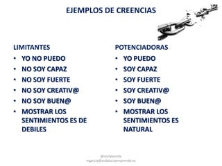 EJEMPLOS DE CREENCIAS
LIMITANTES
• YO NO PUEDO
• NO SOY CAPAZ
• NO SOY FUERTE
• NO SOY CREATIV@
• NO SOY BUEN@
• MOSTRAR LOS
SENTIMIENTOS ES DE
DEBILES
POTENCIADORAS
• YO PUEDO
• SOY CAPAZ
• SOY FUERTE
• SOY CREATIV@
• SOY BUEN@
• MOSTRAR LOS
SENTIMIENTOS ES
NATURAL
@molybonilla
mgarcia@andaluciaemprende.es
 