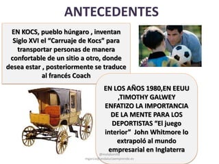 ANTECEDENTES
EN KOCS, pueblo húngaro , inventan
Siglo XVI el “Carruaje de Kocs” para
transportar personas de manera
confortable de un sitio a otro, donde
desea estar , posteriormente se traduce
al francés Coach
EN LOS AÑOS 1980,EN EEUU
,TIMOTHY GALWEY
ENFATIZO LA IMPORTANCIA
DE LA MENTE PARA LOS
DEPORTISTAS “El juego
interior” John Whitmore lo
extrapoló al mundo
empresarial en Inglaterra
@molybonilla
mgarcia@andaluciaemprende.es
 