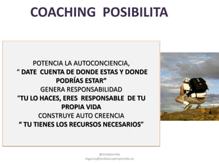 COACHING POSIBILITA
POTENCIA LA AUTOCONCIENCIA,
“ DATE CUENTA DE DONDE ESTAS Y DONDE
PODRÍAS ESTAR”
GENERA RESPONSABILIDAD
“TU LO HACES, ERES RESPONSABLE DE TU
PROPIA VIDA
CONSTRUYE AUTO CREENCIA
“ TU TIENES LOS RECURSOS NECESARIOS”
@molybonilla
mgarcia@andaluciaemprende.es
 