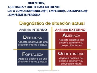 @molybonilla
mgarcia@andaluciaemprende.es
ANALISIS PERSONALQUIEN ERES,
QUE HACES Y QUE TE HACE DIFERENTE
DAFO COMO EMPRENDED@R, EMPLEAD@, DESEMPLEAD@
..SIMPLEMETE PERSONA
 