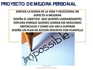 PROYECTO DEMEJORA PERSONAL
EMPLEA LA RUEDA DE LA VIDA Y SELECCIONA UN
ASPECTO A MEJORAR
DISEÑA EL OBJETIVO QUE QUIERES LOGRAR(MARTE)
EXPLORA PORQUE QUIERES LOGRAR ESE RESULTADO
OBSTACULOS Y COMO LOS VAS A SUPERAR
DISEÑA UN PLAN DE ACCION DESCRITO CON PLANTILLA
MIDE REGULARMENTE EL PROGRESO
@molybonilla
mgarcia@andaluciaemprende.es
 