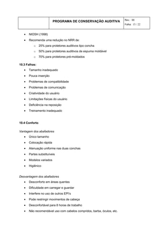 PROGRAMA DE CONSERVAÇÃO AUDITIVA Rev.: 00
Folha: 15 / 22
• NIOSH (1998)
• Recomenda uma redução no NRR de:
o 25% para protetores auditivos tipo concha
o 50% para protetores auditivos de espuma moldável
o 70% para protetores pré-moldados
10.3 Falhas:
• Tamanho inadequado
• Pouca inserção
• Problemas de compatibilidade
• Problemas de comunicação
• Criatividade do usuário
• Limitações físicas do usuário
• Deficiência na reposição
• Treinamento inadequado
10.4 Conforto
Vantagem dos abafadores
• Único tamanho
• Colocação rápida
• Atenuação uniforme nas duas conchas
• Partes substituíveis
• Modelos variados
• Higiênico
Desvantagem dos abafadores
• Desconforto em áreas quentes
• Dificuldade em carregar e guardar
• Interfere no uso de outros EPI’s
• Pode restringir movimentos de cabeça
• Desconfortável para 8 horas de trabalho
• Não recomendável uso com cabelos compridos, barba, óculos, etc.
 