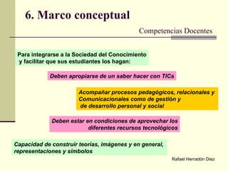 6. Marco conceptual Competencias Docentes Deben estar en condiciones de aprovechar los diferentes recursos tecnológicos Para integrarse a la Sociedad del Conocimiento y facilitar que sus estudiantes los hagan: Deben apropiarse de un saber hacer con TICs Acompañar procesos pedagógicos, relacionales y  Comunicacionales como de gestión y de desarrollo personal y social Capacidad de construir teorías, imágenes y en general,  representaciones y símbolos   Rafael Herradón Diez   