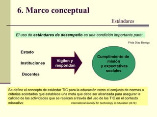 6. Marco conceptual Estándares El uso de  estándares de desempeño  es una condición importante para:   Estado Instituciones Docentes Vigilen y respondan Cumplimiento de  misión y expectativas sociales Se define el concepto de estándar TIC para la educación como el conjunto de normas o criterios acordados que establece una meta que debe ser alcanzada para asegurar la calidad de las actividades que se realicen a través del uso de las TIC en el contexto educativo  International Society for Technology in Education (ISTE)   Frida Díaz Barriga   