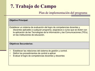 7. Trabajo de Campo   Plan de implementación del programa Establecer las relaciones del sistema de gestión y control. Definir los procedimientos de control a aplicar Evaluar el logro de competencias docentes y discentes Objetivos Secundarios: Establecer un sistema de evaluación del logro de competencias docentes y discentes aplicable a cualquier programa, asignatura o curso que se dicten con la aplicación de las Tecnologías de la Información y las Comunicaciones (TICs), en las instituciones de educación. Objetivo Principal: 