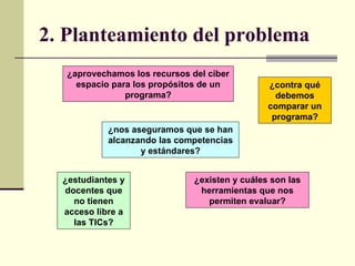 2. Planteamiento del problema ¿aprovechamos los recursos del ciber espacio para los propósitos de un programa? ¿existen y cuáles son las herramientas que nos permiten evaluar? ¿nos aseguramos que se han alcanzando las competencias y estándares? ¿contra qué debemos comparar un programa? ¿estudiantes y docentes que no tienen acceso libre a las TICs? 