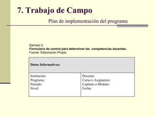 7. Trabajo de Campo   Plan de implementación del programa  Ejemplo 2: Formulario de control para determinar las  competencias docentes. Fuente: Elaboración Propia Docente: Curso o Asignatura: Capítulo o Módulo: Fecha: Institución: Programa: Período: Nivel: Datos Informativos: 