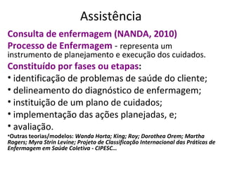 Assistência
Consulta de enfermagem (NANDA, 2010)
Processo de Enfermagem - representa um
instrumento de planejamento e execução dos cuidados.
Constituído por fases ou etapas:
• identificação de problemas de saúde do cliente;
• delineamento do diagnóstico de enfermagem;
• instituição de um plano de cuidados;
• implementação das ações planejadas, e;
• avaliação.
•Outras teorias/modelos: Wanda Horta; King; Roy; Dorothea Orem; Martha
Rogers; Myra Strin Levine; Projeto de Classificação Internacional das Práticas de
Enfermagem em Saúde Coletiva - CIPESC…
 