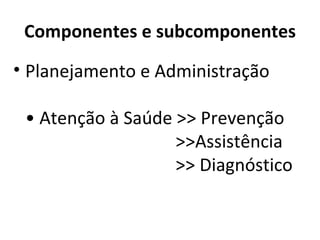 Componentes e subcomponentes
• Planejamento e Administração

 • Atenção à Saúde >> Prevenção
                   >>Assistência
                   >> Diagnóstico
 