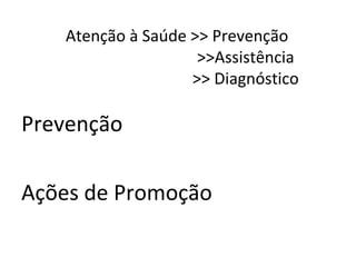 Atenção à Saúde >> Prevenção
                    >>Assistência
                   >> Diagnóstico

Prevenção

Ações de Promoção
 