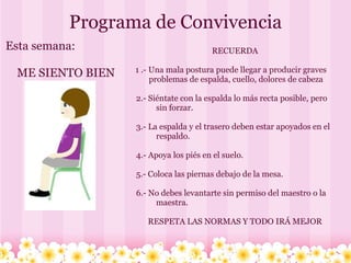 Programa de Convivencia Esta semana:      ME SIENTO BIEN RECUERDA     1 .- Una mala postura puede llegar a producir graves        problemas de espalda, cuello, dolores de cabeza      2.- Siéntate con la espalda lo más recta posible, pero               sin forzar.      3.- La espalda y el trasero deben estar apoyados en el               respaldo.          4.- Apoya los piés en el suelo.      5.- Coloca las piernas debajo de la mesa.      6.- No debes levantarte sin permiso del maestro o la               maestra. RESPETA LAS NORMAS Y TODO IRÁ MEJOR 