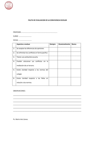 PAUTA DE EVALUACION DE LA CONVIVENCIA ESCOLAR




PROFESOR:………………………………………………………………………………..

CURSO …………………………..

FECHA: ……………………………

     Aspectos a evaluar                             Siempre   Ocasionalmente Nunca

1.- Se aceptan las diferencias de opiniones

2.- Se enfrentan los conflictos en forma pacifica

3.- Tienen una actitud de escucha

4.- Pueden solucionar sus conflictos sin la

     mediación de un tercero.

5.- Existe claridad respecto a las normas del

     colegio

6.- Existe claridad respecto a las faltas en

     relación a las normas.



OBSERVACIONES:

________________________________________________________________________________
________________________________________________________________________________
________________________________________________________________________________
________________________________________________________________________________
________________________________________________________________________________
________________________________________________________________________________




Ps. María Inés Llanos.
 