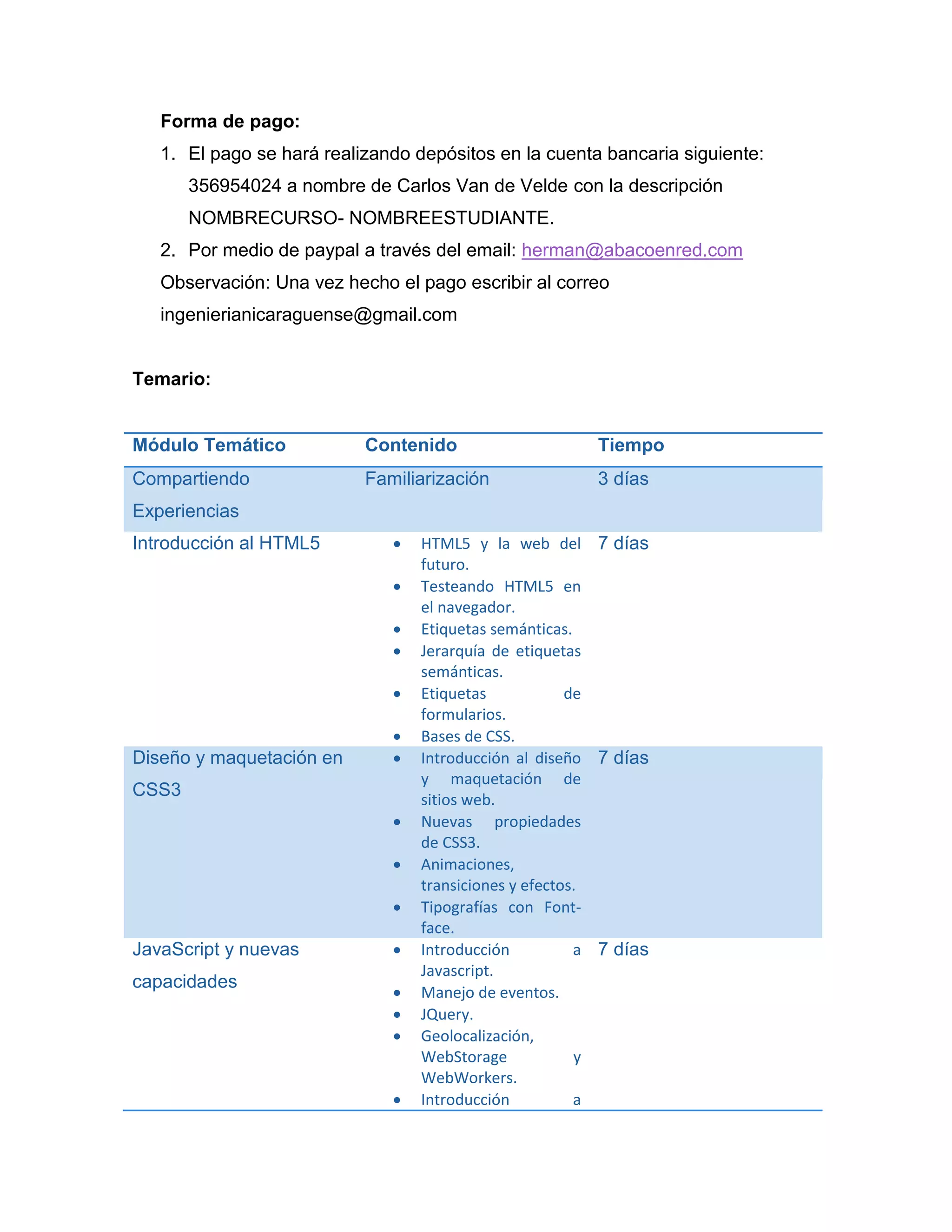 Forma de pago:
1. El pago se hará realizando depósitos en la cuenta bancaria siguiente del
banco BAC: 356954024 a nombre de Carlos Van de Velde con la
descripción NOMBRECURSO- NOMBREESTUDIANTE.
2. Por medio de paypal 85$ a través del email: herman@abacoenred.com
Observación: Una vez hecho el pago escribir al correo
ingenierianicaraguense@gmail.com
Temario:
Módulo Temático Contenido Tiempo
Compartiendo
Experiencias
Familiarización 3 días
Introducción al HTML5  HTML5 y la web del
futuro.
 Testeando HTML5 en
el navegador.
 Etiquetas semánticas.
 Jerarquía de etiquetas
semánticas.
 Etiquetas de
formularios.
 Bases de CSS.
7 días
Diseño y maquetación en
CSS3
 Introducción al diseño
y maquetación de
sitios web.
 Nuevas propiedades
de CSS3.
 Animaciones,
transiciones y efectos.
 Tipografías con Font-
face.
7 días
JavaScript y nuevas
capacidades
 Introducción a
Javascript.
 Manejo de eventos.
 JQuery.
 Geolocalización,
WebStorage y
WebWorkers.
7 días
 
