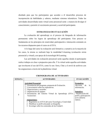 diseñado para que los participantes que acceden a él desarrollen procesos de
incorporación de habilidades y saberes, mediante sistemas telemáticos. Todas las
actividades desarrolladas tanto virtual como presencial serán a manera de divulgar el
conocimiento y permitir el crecimiento personal y social del participante.
ESTRATEGIAS DE EVALUACIÓN
La evaluación del aprendizaje es el proceso de búsqueda de información
permanente sobre los logros de aprendizaje del participante. Este proceso se
fundamenta en los principios de creatividad, participación e interacción constante en
los recursos dispuestos para el curso en el EVA.
A lo largo del curso la evaluación será formativa y sumativa en la mayoría de
los casos, la misma se realizará bajo la modalidad b-learning (evaluación mixta
presencial y virtual), con apoyo de la tecnología M-Learning.
Las actividades de evaluación presencial serán aquellas donde el participante
realice trabajos en clase o propuestos para ella. Y la virtual serán aquellas actividades
que involucren el uso del EVA, como lo son: foros, Chat y el envió de archivos con
las asignaciones a través de la plataforma virtual.
CRONOGRAMA DE ACTIVIDADES
SEMANA ACTIVIDADES EVALUACIÓN
1
Actividad Presencial:
 Presentación del programa, propuesta de Evaluación.
 Conversatorio sobre las expectativas.
 Negociaciones y acuerdos.
 Organización de equipos.
 Presentación del Entorno Virtual de Aprendizaje (EVA-
Tecnocrear)
Asignaciones:
1. Registrarse en el EVA del curso Tecnología y Creatividad.
2. Modificar su perfil colocando su fotografía.
3. Investigar sobre los contenidos de las Unidad I.
Formativa:
-Revisión de la
información.
Sumativa:
- Modificación del
perfil y participación
en la cafetería
(5ptos).
 
