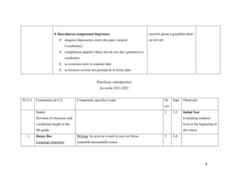 5
5. Dezvoltarea competentei lingvistice
alegerea răspunsului corect din patru variante
(vocabulary)
completarea spațiilor libere intr-un text dat ( gramatica si
vocabular)
sa corecteze erori in enunturi date
sa formeze cuvinte noi pornind de la forme date
exercitii găsire a greșelilor dintr-
un text dat
Planificare calendaristica
An scolar 2021-2022
Nr U.I. Continuturi ale U.I. Competente specifice vizate Nr
ore
Sapt Observatii
Starter
Revision of structures and
vocabulary taught in the
6th grade
2 1-2 Initial Test
Evaluating students’
level at the beginning of
the course
1. Honey Bee
Language structures:
Writing: Sa scrie un e-mail in care vor folosi
countable/uncountable nouns
5 3-8
 