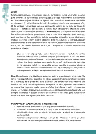 PROGRAMAS DE DESARROLLO SOCIAL/AFECTIVO PARA ALUMNOS CON PROBLEMAS DE CONDUCTA
130
CIERRE
Para ﬁnalizar la ac�vidad el facilitador pide a los par�cipantes formar un círculo y sentarse
para comentar las experiencias y cerrar el juego. El diálogo debe centrase esencialmente
en cuatro temas: (1) la claridad de los aspectos que caracterizan cada es�lo de interacción
social revisado, (2) la iden�ﬁcación del es�lo de relación preponderante que usa cada niño,
(3) las ventajas y desventajas que cada par�cipante ob�ene por su es�lo par�cular de
relación, y (4) la habilidad para acercarse al dominio de un es�lo aser�vo. El facilitador estará
atento a guiar la conversación en torno a la aser�vidad para lo cual podrá u�lizar todas las
herramientas de mediación que estén a su alcance como: hacer preguntas, poner ejemplos,
pedir opiniones a los compañeros, solicitar anécdotas personales, actuar situaciones,
modelar conductas, tomar y mostrar fotogra�as de los niños durante la ac�vidad, adecuar
cues�onamientos al nivel de comprensión de los alumnos, esceniﬁcar situaciones u�lizando
�teres, dar conclusiones verbales o escritas, etc. Las siguientes preguntas pueden usarse
para abrir la reﬂexión:
¿Qué les pareció el juego? ¿Qué es�los de relación revisamos hoy? ¿Cuáles son las
diferencias entre los tres?, ¿Conocen a alguien que corresponda a cada uno de los
es�los (monstruo/ratón/persona)? ¿En cuál es�lo de relación se ubican ustedes? ¿Para
qué nos sirve darnos cuenta de nuestro es�lo de relación? ¿Qué desventajas y ventajas
les ha traído ése es�lo? ¿Les convendría cambiar su es�lo de relación? ¿Quieren
cambiar su es�lo de relacionarse con las personas? ¿Qué ventajas y desventajas creen
que tenga el es�lo aser�vo? ¿Qué podemos hacer para ser más aser�vos?
Nota: El coordinador no está obligado a plantear todas la preguntas anteriores, éstas sólo
son un recurso para facilitar la apertura del diálogo que permi�rá conseguir el cierre correcto
de la ac�vidad; de lo que se trata es de establecer una conversación ﬂuida y ﬂexible que
brinde a cada par�cipante la oportunidad de expresar sus ideas, opiniones y sen�mientos
de manera libre y despreocupada, en una atmósfera de conﬁanza, respeto y comprensión
mutua. Los métodos de conversación recomendados por los psicólogos del desarrollo son
siempre sistemá�cos y buscan es�mular el desarrollo de los niños, pero nunca deben
conver�rse en un interrogatorio mecánico y aburrido.
INDICADORES DE EVALUACIÓN (para cada par�cipante)
- Es�lo natural de relación social (o en el que maniﬁesta mayor dominio).
- Habilidad o inhabilidad para prac�car con precisión los tres es�los de relación.
- Iden�ﬁcación de su es�lo de relación preponderante y grado de correspondencia
con la realidad.
- Reconocimientoprecisodeventajasydesventajasdeles�loderelaciónsocialqueu�liza
actualmente. + Grado de disposición maniﬁesto para cambiar a un es�lo aser�vo.
 