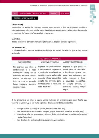 PROGRAMAS DE DESARROLLO SOCIAL/AFECTIVO PARA ALUMNOS CON PROBLEMAS DE CONDUCTA
135
OBJETIVO (S)
Desarrollar un es�lo de relación aser�vo que permita a los par�cipantes establecer
interaccionessocialesmássa�sfactorias,beneﬁciosas,respetuosasyadapta�vas.Desarrollar
el concepto de “derechos” para saber respetarlos.
MATERIAL
Ropa y accesorios para caracterizarse (disfrazarse). Espacio cerrado y privado.
PROCEDIMIENTO
1. El coordinador expone brevemente al grupo los es�los de relación que se han estado
revisando.
2.12 JUEGOS PARA LA ASERTIVIDAD 60 min. 8-10 años.
TEATRO (ASERTIVIDAD 3)
ESTILO DE RELACIÓN SOCIAL
PASIVO (RATÓN) ASERTIVO (PERSONA) AGRESIVO (MOSTRUO)
No expresa sus ideas y
sen�mientos (o lo hace
demasiado tarde), no se
deﬁende, reclama �mida-
mente, se disculpa por
todo, se pone en segundo
lugar, insegura, siempre
respeta reglas.
Expresa sus pensamientos
y sen�mientos respetando
a los demás, se deﬁende sin
agredir, respeta reglas, sabe
negociaryllegaraacuerdos,
acepta los errores, pone
límitescuandoesnecesario,
sabe decir “no”.
Expresa lo que piensa y
siente pero sin considerar
a los demás, agrede, im-
pone sus opiniones, no
sabe negociar ni llegar
a acuerdos, descaliﬁca,
no acepta errores, se
deﬁende, insulta, rompe
reglas.
2. Se pregunta a los niños si alguna vez se me�eron en problemas por haber hecho algo
“que no se valiera”, y se les invita a pla�car detalladamente los incidentes:
- El lugar donde ocurrió (casa, calle, escuela, mercado, etc).
- Los par�cipantes en el suceso (amigos, papás, maestros, extraños, abuelos, etc.).
- El es�lo de relación que adoptó cada uno de los implicados en el problema (agresivo/
pasivo/ aser�vo).
- Los detalles del problema (inicio, desarrollo y desenlace).
 