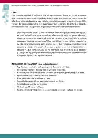 PROGRAMAS DE DESARROLLO SOCIAL/AFECTIVO PARA ALUMNOS CON PROBLEMAS DE CONDUCTA
152
CIERRE
Para cerrar la ac�vidad el facilitador pide a los par�cipantes formar un círculo y sentarse
para comentar las experiencias. El diálogo debe centrase esencialmente en tres temas: (1)
la facilidad o diﬁcultad personal para trabajar en equipo y conseguir una meta común, (2) las
ventajas del trabajo coopera�vo, y (3) las consecuencias personales de contar o nó con estas
habilidades sociales. Las siguientes preguntas pueden usarse para abrir la reﬂexión:
¿Qué les pareció el juego? ¿Cómo se sin�eron al verse obligados a trabajar en equipo?
¿A quién se le diﬁcultó tomar acuerdos y adaptarse al trabajo del grupo? ¿Por qué?
¿Cómo se sin�eron al conseguir o fracasar en los retos? ¿Qué diﬁcultades ocurrieron
para poder funcionar como equipo? ¿Qué tan hábiles son para trabajar en equipo en
su vida diaria (escuela, casa, calle, colonia, etc.)? ¿Qué ventajas y desventajas hay al
cooperar y trabajar en equipo? ¿Creen que se pueda tener más amigos si sabemos
cooperar? ¿Qué consecuencias les ha acarreado sus diﬁcultades para cooperar
y trabajar en equipo? ¿Qué beneﬁcios? ¿Qué necesitamos para poder cooperar y
trabajar en equipo? Den algunos ejemplos.
INDICADORES DE EVALUACIÓN (para cada par�cipante)
- Papel ac�vo o pasivo de cada par�cipante durante la ac�vidad.
- Conceptos personales de cooperación y trabajo en equipo.
- Habilidad para coordinar acciones con otros par�cipantes para conseguir la meta.
- Agrado/desagrado por las ac�vidades de equipo.
- Nivel de interés y dedicación en la tarea.
- Capacidad para considerar las aportaciones de los demás.
- Habilidad para afrontar las derrotas.
- Atribución del fracaso y el logro.
- Reconocimiento preciso de las consecuencias de cooperar y trabajar en equipo.
 