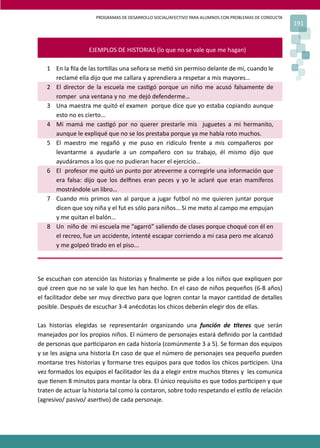 PROGRAMAS DE DESARROLLO SOCIAL/AFECTIVO PARA ALUMNOS CON PROBLEMAS DE CONDUCTA
191
Se escuchan con atención las historias y ﬁnalmente se pide a los niños que expliquen por
qué creen que no se vale lo que les han hecho. En el caso de niños pequeños (6-8 años)
el facilitador debe ser muy direc�vo para que logren contar la mayor can�dad de detalles
posible. Después de escuchar 3-4 anécdotas los chicos deberán elegir dos de ellas.
Las historias elegidas se representarán organizando una función de �teres que serán
manejados por los propios niños. El número de personajes estará deﬁnido por la can�dad
de personas que par�ciparon en cada historia (comúnmente 3 a 5). Se forman dos equipos
y se les asigna una historia En caso de que el número de personajes sea pequeño pueden
montarse tres historias y formarse tres equipos para que todos los chicos par�cipen. Una
vez formados los equipos el facilitador les da a elegir entre muchos �teres y les comunica
que �enen 8 minutos para montar la obra. El único requisito es que todos par�cipen y que
traten de actuar la historia tal como la contaron, sobre todo respetando el es�lo de relación
(agresivo/ pasivo/ aser�vo) de cada personaje.
EJEMPLOS DE HISTORIAS (lo que no se vale que me hagan)
1 En la ﬁla de las tor�llas una señora se me�ó sin permiso delante de mí, cuando le
reclamé ella dijo que me callara y aprendiera a respetar a mis mayores…
2 El director de la escuela me cas�gó porque un niño me acusó falsamente de
romper una ventana y no me dejó defenderme…
3 Una maestra me quitó el examen porque dice que yo estaba copiando aunque
esto no es cierto…
4 Mi mamá me cas�gó por no querer prestarle mis juguetes a mi hermanito,
aunque le expliqué que no se los prestaba porque ya me había roto muchos.
5 El maestro me regañó y me puso en ridículo frente a mis compañeros por
levantarme a ayudarle a un compañero con su trabajo, él mismo dijo que
ayudáramos a los que no pudieran hacer el ejercicio…
6 El profesor me quitó un punto por atreverme a corregirle una información que
era falsa: dijo que los delﬁnes eran peces y yo le aclaré que eran mamíferos
mostrándole un libro…
7 Cuando mis primos van al parque a jugar futbol no me quieren juntar porque
dicen que soy niña y el fut es sólo para niños… Si me meto al campo me empujan
y me quitan el balón…
8 Un niño de mi escuela me “agarró” saliendo de clases porque choqué con él en
el recreo, fue un accidente, intenté escapar corriendo a mi casa pero me alcanzó
y me golpeó �rado en el piso...
 