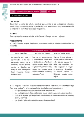 PROGRAMAS DE DESARROLLO SOCIAL/AFECTIVO PARA ALUMNOS CON PROBLEMAS DE CONDUCTA
194
3.12 JUEGOS PARA LA ASERTIVIDAD 60 min. 10-12 años.
TEATRO (ASERTIVIDAD 3)
OBJETIVO (S)
Desarrollar un es�lo de relación aser�vo que permita a los par�cipantes establecer
interaccionessocialesmássa�sfactorias,beneﬁciosas,respetuosasyadapta�vas.Desarrollar
el concepto de “derechos” para saber respetarlos.
MATERIAL
Ropa y accesorios para caracterizarse (disfrazarse). Espacio cerrado y privado.
PROCEDIMIENTO
1. El coordinador expone brevemente al grupo los es�los de relación que se han estado
revisando.
ESTILO DE RELACIÓN SOCIAL
PASIVO (RATÓN) ASERTIVO (PERSONA) AGRESIVO (MOSTRUO)
No expresa sus ideas y
sen�mientos (o lo hace
demasiado tarde), no se
deﬁende, reclama �mida-
mente, se disculpa por
todo, se pone en segundo
lugar, insegura, siempre
respeta reglas.
Expresa sus pensamientos
y sen�mientos respetando
a los demás, se deﬁende sin
agredir, respeta reglas, sabe
negociaryllegaraacuerdos,
acepta los errores, pone
límitescuandoesnecesario,
sabe decir “no”.
Expresa lo que piensa y
siente pero sin considerar
a los demás, agrede, im-
pone sus opiniones, no
sabe negociar ni llegar
a acuerdos, descaliﬁca,
no acepta errores, se
deﬁende, insulta, rompe
reglas.
2.- Se pregunta a los niños si alguna vez se me�eron en problemas por haber hecho algo
“que no se valiera”, y se les invita a pla�car detalladamente los incidentes:
- El lugar donde ocurrió (casa, calle, escuela, mercado, etc).
- Los par�cipantes en el suceso (amigos, papás, maestros, extraños, abuelos, etc.).
- El es�lo de relación que adoptó cada uno de los implicados en el problema (agresivo/
pasivo/ aser�vo).
- Los detalles del problema (inicio, desarrollo y desenlace).
 