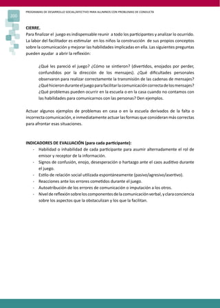 PROGRAMAS DE DESARROLLO SOCIAL/AFECTIVO PARA ALUMNOS CON PROBLEMAS DE CONDUCTA
200
CIERRE.
Para ﬁnalizar el juego es indispensable reunir a todo los par�cipantes y analizar lo ocurrido.
La labor del facilitador es es�mular en los niños la construcción de sus propios conceptos
sobre la comunicación y mejorar las habilidades implicadas en ella. Las siguientes preguntas
pueden ayudar a abrir la reﬂexión:
¿Qué les pareció el juego? ¿Cómo se sin�eron? (diver�dos, enojados por perder,
confundidos por la dirección de los mensajes). ¿Qué diﬁcultades personales
observaron para realizar correctamente la transmisión de las cadenas de mensajes?
¿Quéhicieronduranteeljuegoparafacilitarlacomunicacióncorrectadelosmensajes?
¿Qué problemas pueden ocurrir en la escuela o en la casa cuando no contamos con
las habilidades para comunicarnos con las personas? Den ejemplos.
Actuar algunos ejemplos de problemas en casa o en la escuela derivados de la falta o
incorrecta comunicación, e inmediatamente actuar las formas que consideran más correctas
para afrontar esas situaciones.
INDICADORES DE EVALUACIÓN (para cada par�cipante):
- Habilidad o inhabilidad de cada par�cipante para asumir alternadamente el rol de
emisor y receptor de la información.
- Signos de confusión, enojo, desesperación o hartazgo ante el caos audi�vo durante
el juego.
- Es�lo de relación social u�lizada espontáneamente (pasivo/agresivo/aser�vo).
- Reacciones ante los errores come�dos durante el juego.
- Autoatribución de los errores de comunicación o imputación a los otros.
- Niveldereﬂexiónsobreloscomponentesdelacomunicaciónverbal,yclaraconciencia
sobre los aspectos que la obstaculizan y los que la facilitan.
 