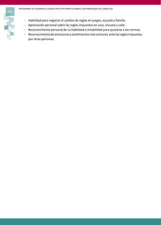 PROGRAMAS DE DESARROLLO SOCIAL/AFECTIVO PARA ALUMNOS CON PROBLEMAS DE CONDUCTA
214
- Habilidad para negociar el cambio de reglas en juegos, escuela y familia.
- Apreciación personal sobre las reglas impuestas en casa, escuela y calle.
- Reconocimiento personal de su habilidad o inhabilidad para ajustarse a las normas.
- Reconocimientodeemocionesysen�mientosmáscomunes antelasreglasimpuestas
por otras personas.
 