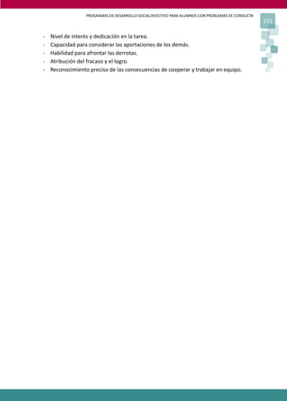 PROGRAMAS DE DESARROLLO SOCIAL/AFECTIVO PARA ALUMNOS CON PROBLEMAS DE CONDUCTA
225
- Nivel de interés y dedicación en la tarea.
- Capacidad para considerar las aportaciones de los demás.
- Habilidad para afrontar las derrotas.
- Atribución del fracaso y el logro.
- Reconocimiento preciso de las consecuencias de cooperar y trabajar en equipo.
 