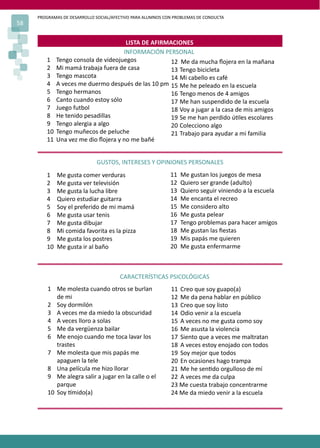 PROGRAMAS DE DESARROLLO SOCIAL/AFECTIVO PARA ALUMNOS CON PROBLEMAS DE CONDUCTA
58
LISTA DE AFIRMACIONES
INFORMACIÓN PERSONAL
1 Tengo consola de videojuegos
2 Mi mamá trabaja fuera de casa
3 Tengo mascota
4 A veces me duermo después de las 10 pm
5 Tengo hermanos
6 Canto cuando estoy sólo
7 Juego futbol
8 He tenido pesadillas
9 Tengo alergia a algo
10 Tengo muñecos de peluche
11 Una vez me dio ﬂojera y no me bañé
GUSTOS, INTERESES Y OPINIONES PERSONALES
12 Me da mucha ﬂojera en la mañana
13 Tengo bicicleta
14 Mi cabello es café
15 Me he peleado en la escuela
16 Tengo menos de 4 amigos
17 Me han suspendido de la escuela
18 Voy a jugar a la casa de mis amigos
19 Se me han perdido ú�les escolares
20 Colecciono algo
21 Trabajo para ayudar a mi familia
1 Me gusta comer verduras
2 Me gusta ver televisión
3 Me gusta la lucha libre
4 Quiero estudiar guitarra
5 Soy el preferido de mi mamá
6 Me gusta usar tenis
7 Me gusta dibujar
8 Mi comida favorita es la pizza
9 Me gusta los postres
10 Me gusta ir al baño
11 Me gustan los juegos de mesa
12 Quiero ser grande (adulto)
13 Quiero seguir viniendo a la escuela
14 Me encanta el recreo
15 Me considero alto
16 Me gusta pelear
17 Tengo problemas para hacer amigos
18 Me gustan las ﬁestas
19 Mis papás me quieren
20 Me gusta enfermarme
CARACTERÍSTICAS PSICOLÓGICAS
1 Me molesta cuando otros se burlan
de mi
2 Soy dormilón
3 A veces me da miedo la obscuridad
4 A veces lloro a solas
5 Me da vergüenza bailar
6 Me enojo cuando me toca lavar los
trastes
7 Me molesta que mis papás me
apaguen la tele
8 Una película me hizo llorar
9 Me alegra salir a jugar en la calle o el
parque
10 Soy �mido(a)
11 Creo que soy guapo(a)
12 Me da pena hablar en público
13 Creo que soy listo
14 Odio venir a la escuela
15 A veces no me gusta como soy
16 Me asusta la violencia
17 Siento que a veces me maltratan
18 A veces estoy enojado con todos
19 Soy mejor que todos
20 En ocasiones hago trampa
21 Me he sen�do orgulloso de mí
22 A veces me da culpa
23 Me cuesta trabajo concentrarme
24 Me da miedo venir a la escuela
 
