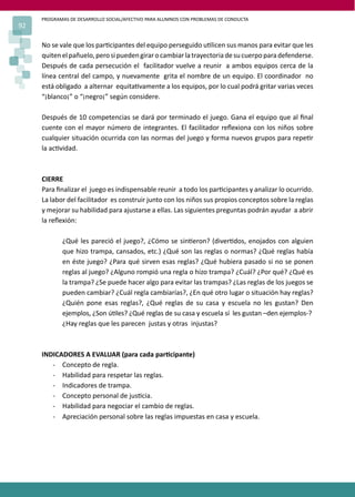 PROGRAMAS DE DESARROLLO SOCIAL/AFECTIVO PARA ALUMNOS CON PROBLEMAS DE CONDUCTA
92
No se vale que los par�cipantes del equipo perseguido u�licen sus manos para evitar que les
quitenelpañuelo,perosipuedengirarocambiarlatrayectoriadesucuerpoparadefenderse.
Después de cada persecución el facilitador vuelve a reunir a ambos equipos cerca de la
línea central del campo, y nuevamente grita el nombre de un equipo. El coordinador no
está obligado a alternar equita�vamente a los equipos, por lo cual podrá gritar varias veces
“¡blanco¡” o “¡negro¡” según considere.
Después de 10 competencias se dará por terminado el juego. Gana el equipo que al ﬁnal
cuente con el mayor número de integrantes. El facilitador reﬂexiona con los niños sobre
cualquier situación ocurrida con las normas del juego y forma nuevos grupos para repe�r
la ac�vidad.
CIERRE
Para ﬁnalizar el juego es indispensable reunir a todo los par�cipantes y analizar lo ocurrido.
La labor del facilitador es construir junto con los niños sus propios conceptos sobre la reglas
y mejorar su habilidad para ajustarse a ellas. Las siguientes preguntas podrán ayudar a abrir
la reﬂexión:
¿Qué les pareció el juego?, ¿Cómo se sin�eron? (diver�dos, enojados con alguien
que hizo trampa, cansados, etc.) ¿Qué son las reglas o normas? ¿Qué reglas había
en éste juego? ¿Para qué sirven esas reglas? ¿Qué hubiera pasado si no se ponen
reglas al juego? ¿Alguno rompió una regla o hizo trampa? ¿Cuál? ¿Por qué? ¿Qué es
la trampa? ¿Se puede hacer algo para evitar las trampas? ¿Las reglas de los juegos se
pueden cambiar? ¿Cuál regla cambiarías?, ¿En qué otro lugar o situación hay reglas?
¿Quién pone esas reglas?, ¿Qué reglas de su casa y escuela no les gustan? Den
ejemplos, ¿Son ú�les? ¿Qué reglas de su casa y escuela sí les gustan –den ejemplos-?
¿Hay reglas que les parecen justas y otras injustas?
INDICADORES A EVALUAR (para cada par�cipante)
- Concepto de regla.
- Habilidad para respetar las reglas.
- Indicadores de trampa.
- Concepto personal de jus�cia.
- Habilidad para negociar el cambio de reglas.
- Apreciación personal sobre las reglas impuestas en casa y escuela.
 