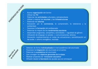 •    Buena organización del Centro
•    Utilizar las TIC
•    Potenciar las actividades culturales y extraescolares
•    Utilizar y mejorar los recursos y las infraestructuras
•    Potenciar los idiomas
•    Educación por la convivencia la comprensión, la tolerancia y la
                             convivencia,
     solidaridad.
•    Favorecer la formación del profesorado
•    Potenciar la mejora de los rendimientos escolares
•    Desarrollar programas, campañas y actividades → Igualdad de género
•    Utilización de lenguaje no sexista → comunicaciones, letreros
•    Educación medioambiental en todas las actuaciones y sensibilización en
     las aulas → ahorro energético, reciclaje



•   Detectar de forma individualizada el nivel académico del alumnado
•   Favorecer la integración del alumnado en el centro
•   Potenciar la autoestima del alumnado
•   Que consigan los objetivos generales de la etapa.
                                                etapa.
•   Realizar proyectos de “innovación educativa
                           innovación educativa”
•   Difusión desde la Secretaría las ayudas que se convoquen
 