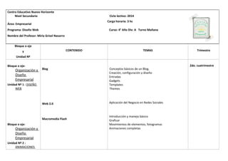 Centro Educativo Nuevo Horizonte
Nivel Secundario Ciclo lectivo: 2014
Área: Empresarial
Programa: Diseño Web Curso: 4° Año Div: A Turno Mañana
Nombre del Profesor: Miría Grisel Navarro
Bloque o eje
y
Unidad Nº
CONTENIDO TEMAS Trimestre
Bloque o eje:
Organización y
Diseño
Empresarial
Unidad Nº 1 : DISEÑO
WEB
Bloque o eje:
Organización y
Diseño
Empresarial
Unidad Nº 2 :
ANIMACIONES
Blog
Web 2.0
Macromedia Flash
Conceptos básicos de un Blog.
Creación, configuración y diseño
Entradas
Gadgets
Templates
Themes
Aplicación del Negocio en Redes Sociales
Introducción y manejo básico
Graficar
Movimientos de elementos, fotogramas
Animaciones completas
2do. cuatrimestre
Carga horaria: 3 hs