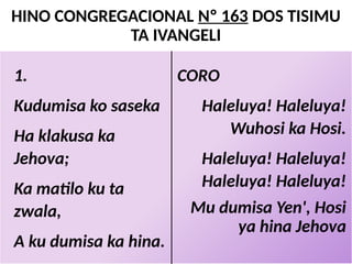 HINO CONGREGACIONAL Nº 163 DOS TISIMU
TA IVANGELI
CORO
Haleluya! Haleluya!
Wuhosi ka Hosi.
Haleluya! Haleluya!
Haleluya! Haleluya!
Mu dumisa Yen', Hosi
ya hina Jehova
1.
Kudumisa ko saseka
Ha klakusa ka
Jehova;
Ka matilo ku ta
zwala,
A ku dumisa ka hina.
 